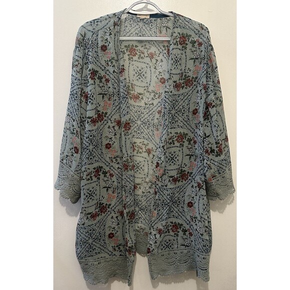Mason & Belle Tops - Mason & Belle Boho Teal Floral Kimono Cover Up 2X | Sheer Lace Trim Duster